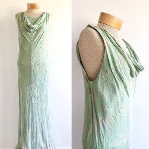 Vintage NWT 1990s April Cornell Blue Floral Beaded Cowl Neck Dress Sz Medium Y2K